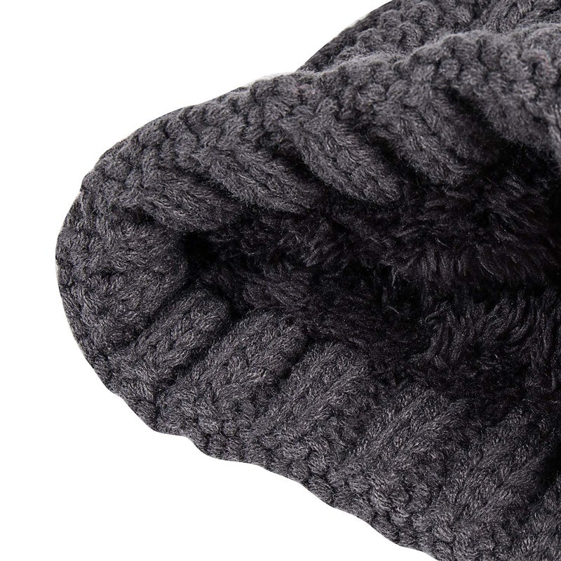 PAGE ONE Womens Winter Thick Cable Knit Beanie Faux Fur Pom Hat Fleece Lined Skull Cap Dark Gray - Image 3